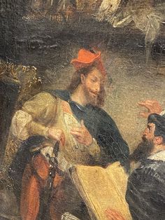 an old painting of two men playing instruments and one is pointing at something on the ground