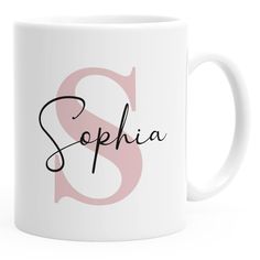 a white coffee mug with the word sophiia on it