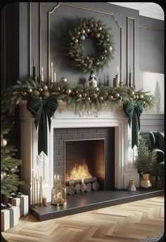 a christmas fireplace decorated with gold and green decorations