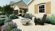 an outdoor patio area with chairs and plants