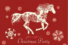 a red christmas party card with a white horse