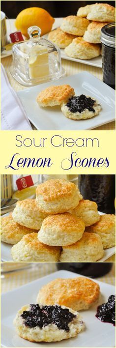 lemon scones with blueberry jam on top and the words sour cream lemon scones