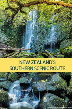 new zealand's southern scenic route with waterfalls and mossy rocks in the foreground