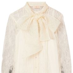 Unabashedly Romantic, This Contrast-Cuffed Top Is Delicately Detailed With Pintucking, Lace And An Abundant Bow Fastening The Neck. Front Button Closure Tie Neck Long Sleeves Lined 100% Polyamide Dry Clean Elegant Beige Daywear Blouse, Elegant Silk Blouse With Lace Trim, Elegant Beige Blouse For Wedding, Elegant Beige Wedding Blouse, Elegant Beige Blouse With Lace Collar, Chic Lace Evening Blouse, Chic Wedding Blouse With Lace Collar, Party Blouse With Lace Trim In Cream, Elegant Cream Blouse With Lace Collar