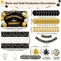 black and gold graduation decorations with balloons, confetti, streamers, and stars