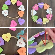 four different pictures showing how to make a paper heart wreath