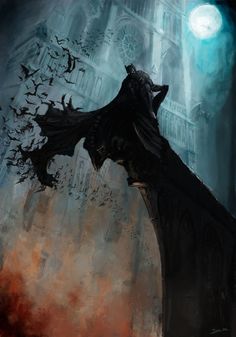 a painting of a person standing in front of a building with bats flying around it