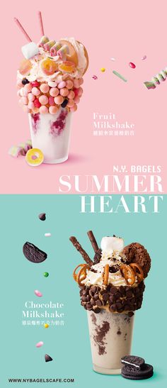 two ice cream sundaes with different toppings on them and the words summer heart above