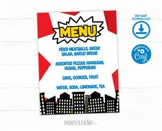 this is an image of a printable menu for a superhero birthday party or baby shower