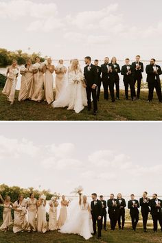 two pictures of people standing in front of each other with their wedding party posing for the camera