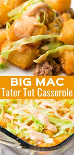 a casserole dish with tater tots and cheese on top, topped with lettuce