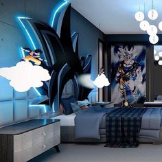 the bedroom is decorated in blue and black with an anime character on it's wall