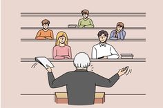 an old man sitting in front of a group of people at a lecture hall with their hands up