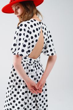 Subcategory: Dress. Collar: V-neck neckline. Sleeves: Angel sleeves. Print: Polka-dot print. Fit: Standard fit. Style: Party. Detail: Open back. Fabric: Lightweight woven fabric . Waist: Elastic waist. runs true to size. S. 100% Polyester Tan Scarf, Angel Sleeves, Dress With Open Back, White Polka Dot Dress, Style Party, Black N White Dress, Romper Pants, Polka Dot Print, Fit Style