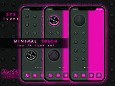 three cell phones with the text minimal touch in pink and black, on top of each other