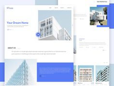 the homepage design is clean and modern, with minimalist architecture in blue tones