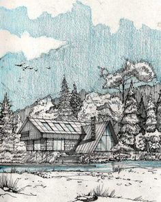 a drawing of a house in the woods