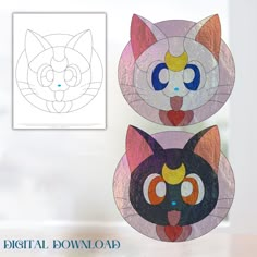 Stained Glass Sailor Moon, Sailor Moon Stained Glass Art, Stained Glass Cat Patterns, Stained Glass Patterns Beginner, Cats Anime, Luna And Artemis, L'art Du Vitrail, Stained Glass Studio, Anime Cats