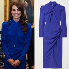 the duke and princess of cambridge are wearing this blue dress by selfridge, which features an asymmetrically draped neckline