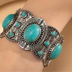 Turquoise Silver Bracelet Elastic Style Fits Any Wrist Silver Detail Bohemian Turquoise Metal Cuff Bracelet, Vintage Turquoise Sterling Silver Cuff Bracelet, Turquoise Silver Bracelet, Southwestern Style Blue Nickel-free Cuff Bracelet, Southwestern Turquoise Multi-stone Bracelets, Navajo Style, Bohemian Turquoise Nickel-free Cuff Bracelet, Blue And Silver, Womens Jewelry Bracelets