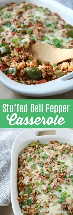 stuffed bell pepper casserole in a white dish with a wooden spoon on top