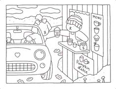 a cartoon drawing of a car with the hood open and people in it drinking from cups