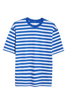 Classic stripes race across this staple cotton T-shirt that can be layered and worn year-round. 26" length (size Medium) Crewneck Short sleeves 100% cotton Machine wash, dry flat Made in Portugal Designer Clothing Striped Tops For Streetwear, Sporty Striped Crew Neck T-shirt, Blue Cotton T-shirt With Contrast Stripes, Relaxed Fit Crew Neck T-shirt With Horizontal Stripes, Sporty Cotton Tops With Vertical Stripes, Vertical Stripes Crew Neck Tops For Streetwear, Spring Crew Neck T-shirt With Contrast Stripes, Blue Cotton Top With Contrast Stripes, White Relaxed Fit Top With Striped Hem