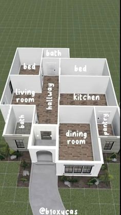 an aerial view of a house with all the rooms labelled and labeled in white text