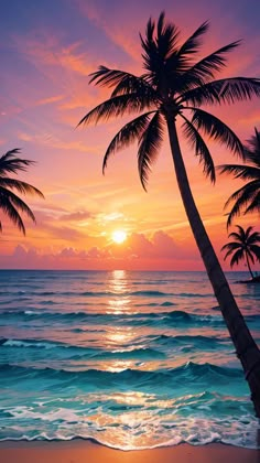 two palm trees on the beach at sunset