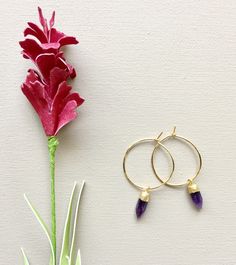 Amethyst Hoop Earrings. The perfect size hoop earrings for everyday. Beautiful amethyst points dangle from gold plated hoops. The amethyst points are capped with 24k gold electroplating. Because these are natural stones, no 2 are identical, but I will try to match them as best I can to give you a matching pair! Amethyst is the February birthstone and is believed to help with physical ailments and emotional issues. Your amethyst hoop earrings will arrive gift boxed. If this is a gift, I would be Earrings Gold Hoop, Amethyst Point, Hoop Earrings Gold, Myrtle Beach Sc, Earrings Crystal, February Birthstone, Amethyst Earrings, February Birth Stone, Earrings Boho