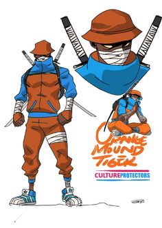 an orange and blue ninja with two swords in his hands, standing next to each other