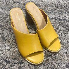 Mi,Im Yellow Women’s Heeled Sandal Sz 8leather Sole Never Worn Spring Mules With Rubber Sole And Medium Width, Yellow Synthetic Mules With Round Toe, Summer Mules With Rubber Sole And Medium Width, Summer Clogs With Leather Footbed And Medium Width, High Heel Sandals With Rubber Sole For Spring, Spring High Heel Sandals With Rubber Sole, Open Toe Heels With Rubber Sole And Medium Width, Leather Open Toe Clogs For Spring, Spring Open Heel Shoes With Rubber Sole