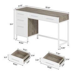 an image of a desk with drawers on the top and bottom side, measurements for each drawer