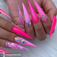 Neon Pink Nails With Rhinestones, Short Stelito Nails, Pink Bling Nails Rhinestones, Pink Bling Nails, Pink Stiletto Nails, Stilleto Nails Designs, Neon Pink Nails, Valentines Nail, Pink Glitter Nails