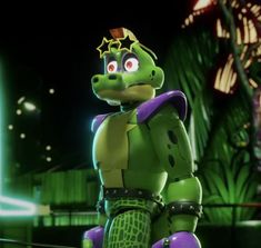 an animated character in a green outfit with purple shoes and a star on his head