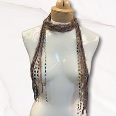 This Is part of Ciao Bella Jewelry's Vecchio Mondo 'Old World Collection" made with a unique yarn combination of Italian yarns. Perfect accessory for your wardrobe. Makes a great gift!! Bohemian Brown Scarves For The Beach, Bohemian Brown Scarves For Beach, Bohemian Brown Scarf For The Beach, Bohemian Brown Scarf For Beach, Beaded Scarf, Mohair Scarf, Unique Yarn, Scarf Necklace, Ciao Bella