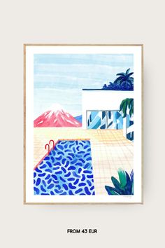 a watercolor painting of a pool with mountains in the background and palm trees around it