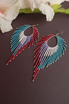 Length: 4.92 Inches; Drop length: 4.33 Inches; Width: 2.36 Inches Drop Beaded Earrings, Seed Bead Crafts, Earrings Tutorial, Beaded Earring