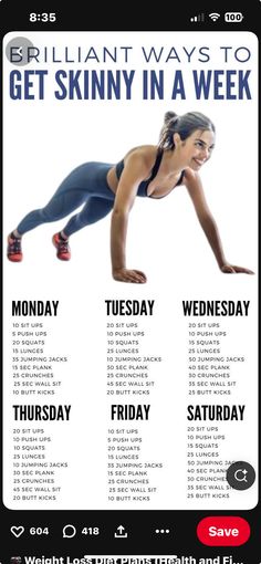 a poster with an image of a woman doing planky in a week workout schedule