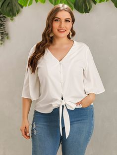 Plus Solid Button Through Tie Front Blouse | SHEIN USA Plus Size Tops For Women Blouses Formal, Tied Button Up Shirt Outfit Plus Size, Knotted Shirt Plus Size, Satin Blouse Plus Size, Button Down Shirt Plus Size, Casual Chiffon Dress, Muslim Women Fashion, Love Free