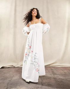 ASOS DESIGN embroidered off shoulder cotton maxi dress with ruched bust detail in white | ASOS Spring Sundress With Straight Neckline Maxi Dress, White Maxi Dress With Smocked Back, Spring Off-shoulder Maxi Dress, Spring Embroidered Dress With Straight Neckline, White Dress With Smocked Bodice And Straight Neckline, One-shoulder Dresses With Floral Embroidery For Spring, One Shoulder Dresses With Floral Embroidery For Spring, White Off-shoulder Sundress Maxi Dress, Strapless Cotton Maxi Dress For Spring