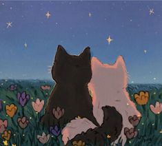 two cats are sitting in the grass and one is looking up at the stars above them