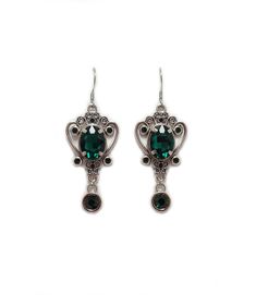 "These lovely earrings are made with antiqued silver plated filigrees, adorned with dazzling EMERALD GREEN glass rhinestones and jewels. Earrings measure 2 1/4\" tall, including stainless steel earring hooks, and are 7/8\" wide. These are available in a variety of stone colors in our store, along with matching necklaces and headpieces. If you don't see something available in a stone color you'd like, feel free to send us a message." Antique Silver Earrings, Rainbow Topaz, Earrings Gothic, Choker Pendant, Topaz Stone, Wedding Bridesmaid, Antique Earrings, Vintage Victorian, Lovely Earrings