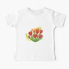 watercolor painting of tulips on white baby t - shirt with green leaves