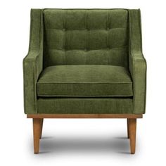 an upholstered green chair with wooden legs and arm rests on a white background