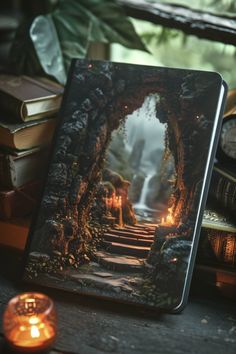 an open book sitting on top of a table next to a candle and some books