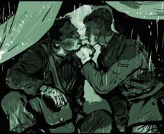 two men sitting in the rain kissing each other