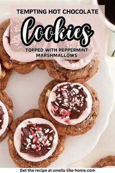 chocolate cookies with peppermint marshmallows are arranged on a white plate