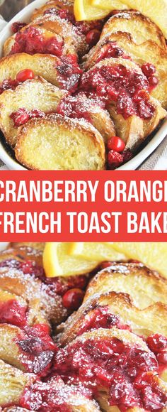 cranberry orange french toast bake with powdered sugar on top