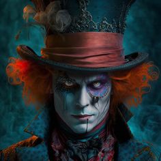 a close up of a person wearing a top hat and face paint with an evil look